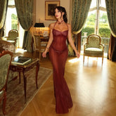 Slim-fit see-through holiday halterneck sleeveless dress